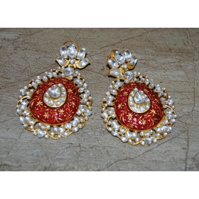 Lotus Red Enamel Drop Polki Diamonds Dangler Earrings